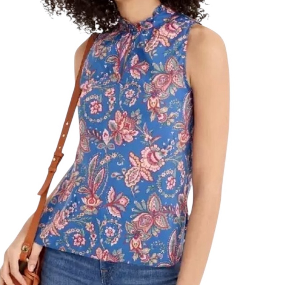 J. Crew Liberty Blue/Pink Flora Belle Floral Ruffle Neck Sleeveless Blouse 2